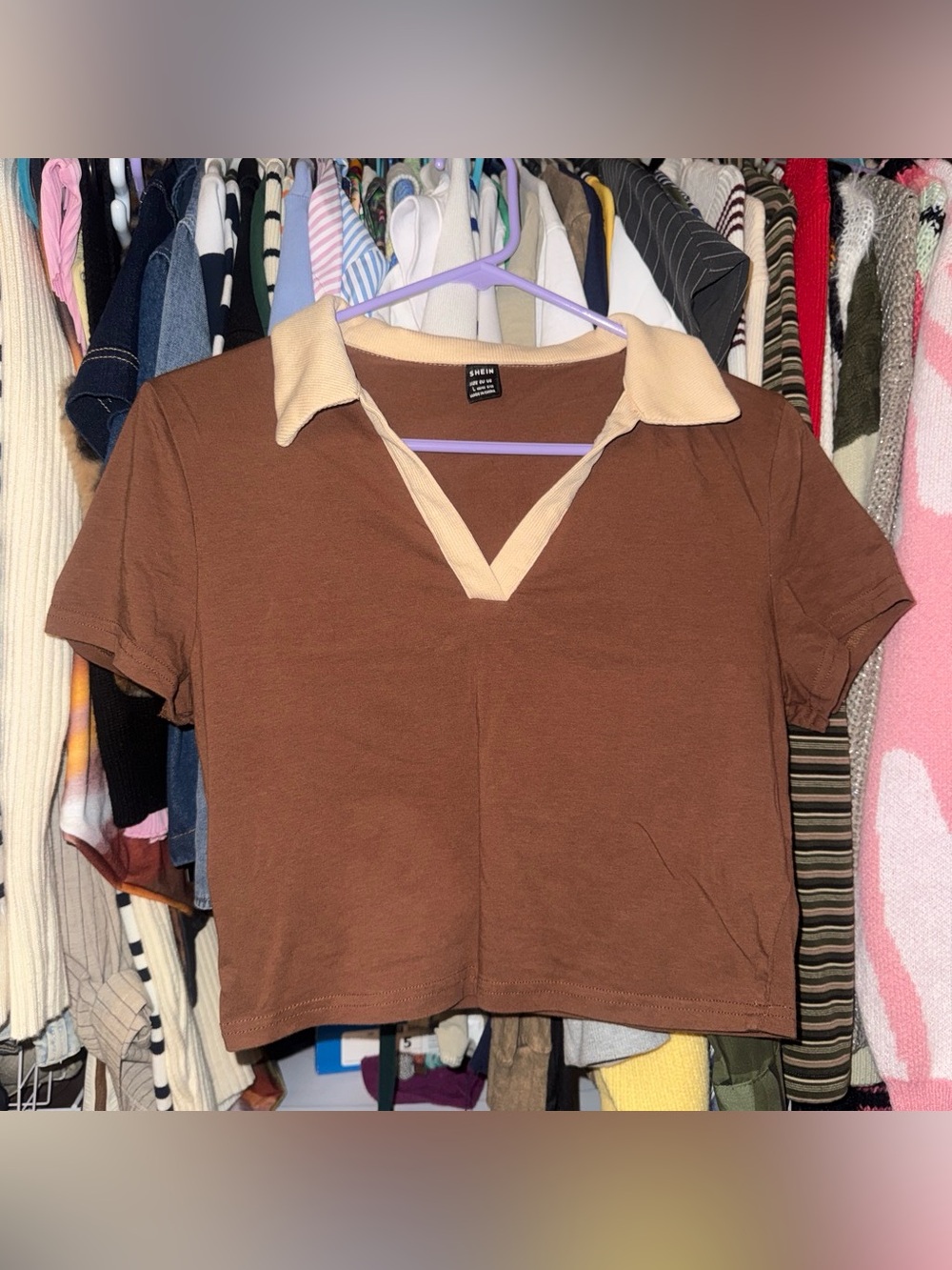 SHEIN Brown Crop Polo Top with Cream Collar